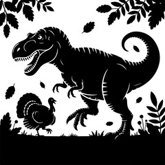 Silhouette of a Tyrannosaurus Rex and a Turkey with Leaves and Branches
