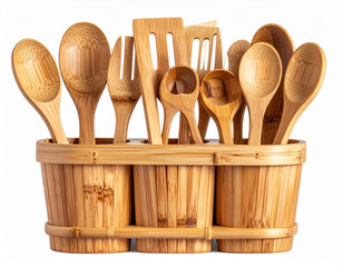  Rustic Bamboo Crock with Assorted Wooden Cooking Utensils transparent background. (2)