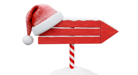 Red Wooden Arrow Sign with Santa Hat and Snow christmas
