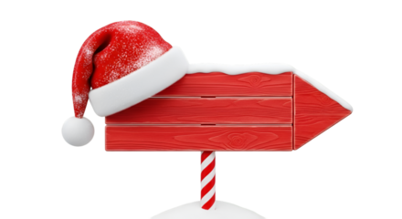 Red wooden signpost with Santa hat and snow christmas