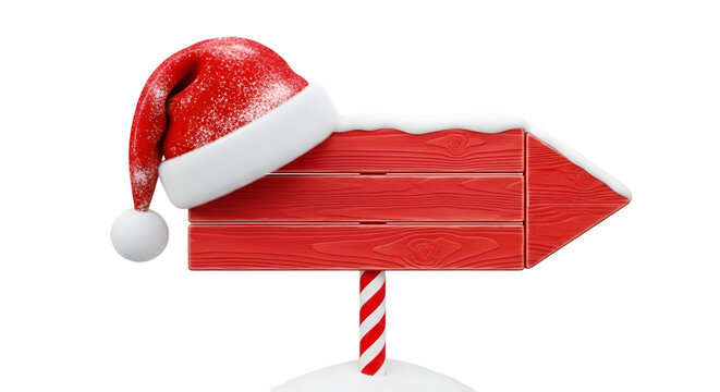 Red wooden signpost with Santa hat and snow christmas