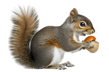 Eastern gray squirrel holding a nut and acorn with a bushy tail 71 characters