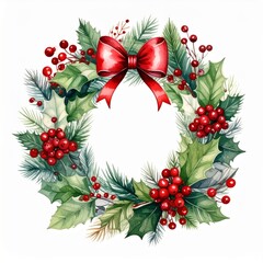 Festive Watercolor Christmas Wreath with Red Berries and Bow on White