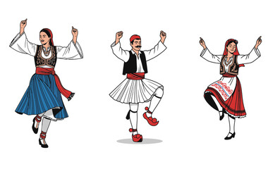 Three dancers performing Greek Sirtaki in traditional costumes  