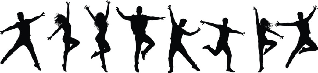 Obraz premium Jumping silhouettes, dancing figures, energetic poses, male female forms, group performance, celebration movement, expressive dance, choreography art, active lifestyle, fitness illustration,