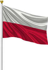 Realistic Poland Flag Waving on Pole with Silk Fabric Texture, 3D Render Isolated on Transparent Background