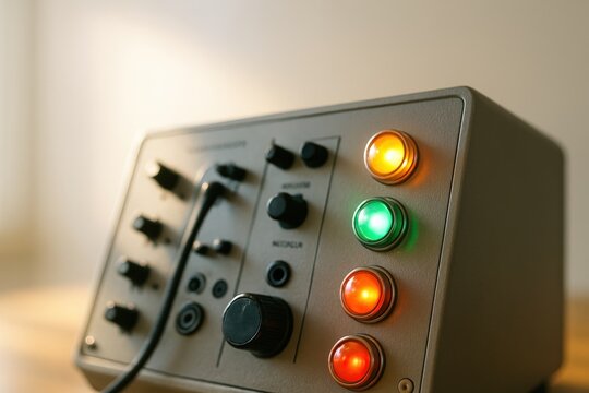 Retro-style illuminated control panel with glowing buttons and knobs, symbolizing analog engineering, machinery operation, and vintage industrial technology aesthetics