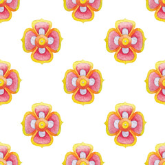 Seamless watercolor pattern with repeating four-petal flowers in yellow and red tones.
