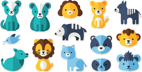 Obraz premium Collection of Cute Cartoon Animal Stickers in Various Colors on White Background illustration