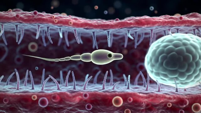 Animated sperm fertilizing egg inside female reproductive tract close up