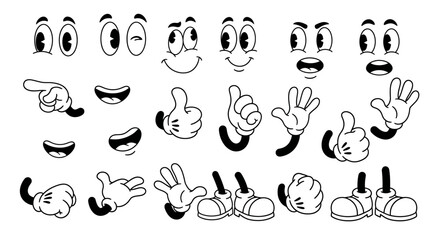 Fototapeta premium Cartoon body parts: eyes, mouth, hands, and feet in black and white.