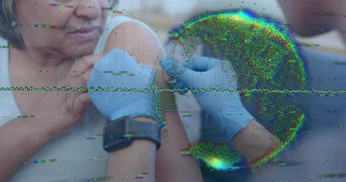 Nurse holding prep pad wiping patient arm before injecting vaccine then applying bandage