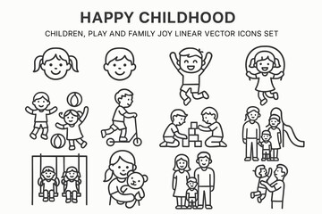 Fototapeta premium Happy Childhood — Kids, Family and Playtime Linear Vector Icons Set