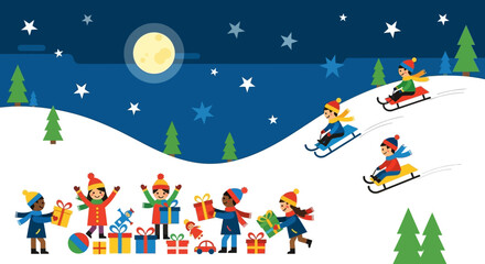Children Enjoying Winter Fun with Gifts and Sledding.