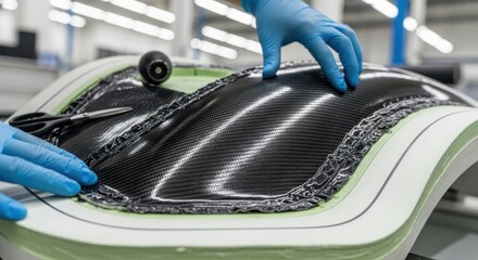 Close up of a workers hands in blue gloves applying carbon fiber material to a mold in a manufacturing setting