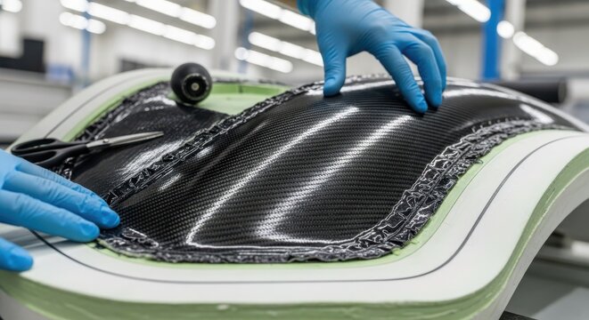 Close up of a workers hands in blue gloves applying carbon fiber material to a mold in a manufacturing setting