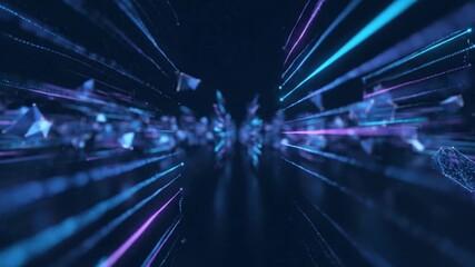 Neon glowing futuristic polygonal particles — abstract hi-tech motion background with dynamic 3D polygons and particle streams floating in space. Bright neon lines in blue, purple, and cyan - Powered by Adobe