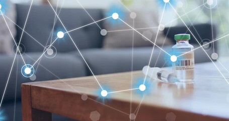Initial glowing node spawning network mesh around medical vial and syringe, visualizing data flow - Powered by Adobe