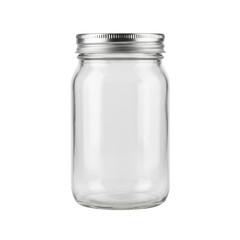 Empty clear glass mason jar with silver screw lid