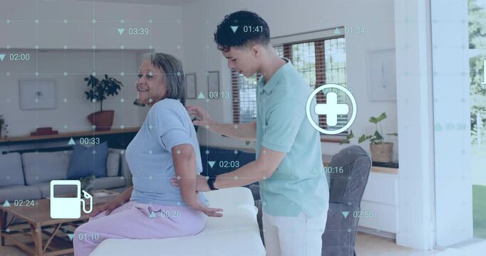 Caregiver guiding senior woman into back stretch in home health therapy, flashing health icons