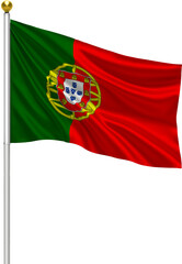 Realistic Portugal Flag Waving on Pole with Silk Fabric Texture, 3D Render Isolated on Transparent Background