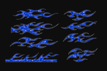 Blue flames livery design set for racing cars or motorcycles