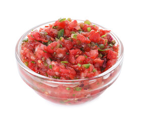 Delicious salsa sauce in bowl isolated on white