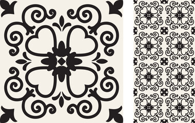 Seamless Azulejo tile. Portuguese and Spain decor. Ceramic tile in black and white. Vector hand drawn illustration, typical portuguese and spanish tile	