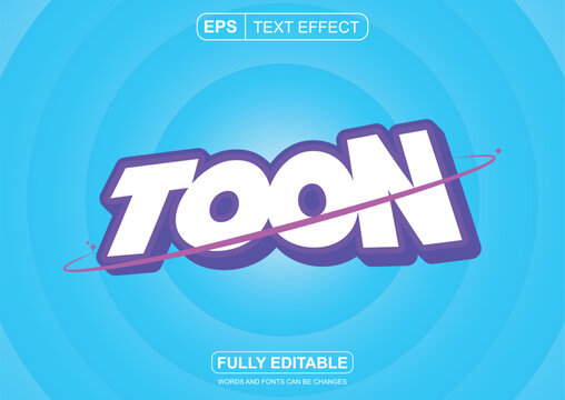 The editable font TOON with a purple outline and blue background. This resource can be used for fun, cute, and silly cartoon-style designs.