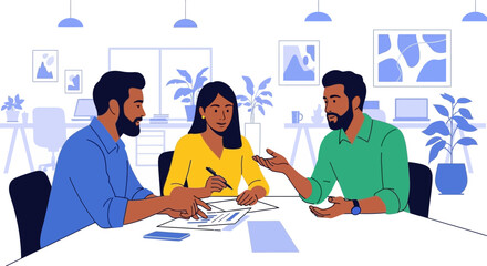 Team of Three Discussing Documents at Table.