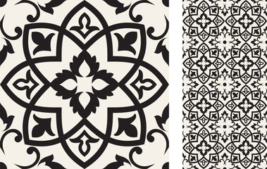 Seamless Azulejo tile. Portuguese and Spain decor. Ceramic tile in black and white. Vector hand drawn illustration, typical portuguese and spanish tile	