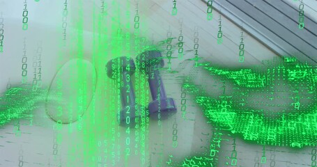 Green binary code streaming over purple dumbbells, white oval, spreading, receding, restoring scene - Powered by Adobe