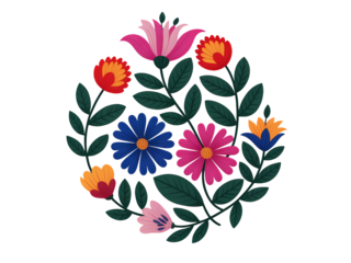 Vibrant folk art floral wreath: A bright, circular arrangement of stylized blooms in pink, blue, red, and orange isolated on white background.