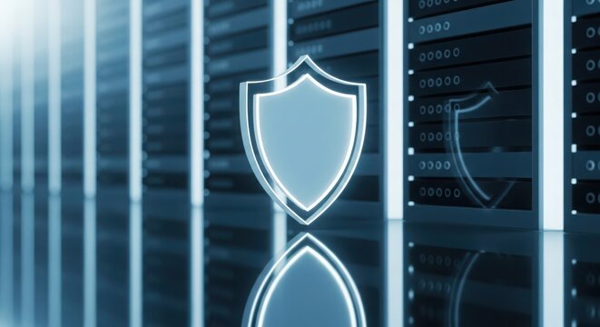 Data center security concept with shield icon in front of server racks for secure data transmission and protection of data