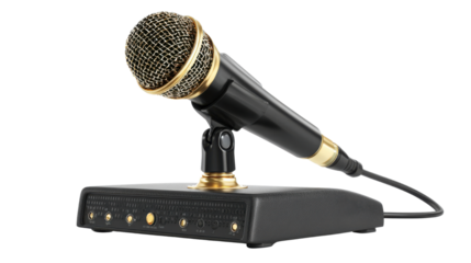 Professional Black and Gold Microphone on Stand Isolated on White Background