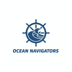 Fototapeta premium A dark blue image featuring a ship's wheel around ocean waves, with text below in dark blue