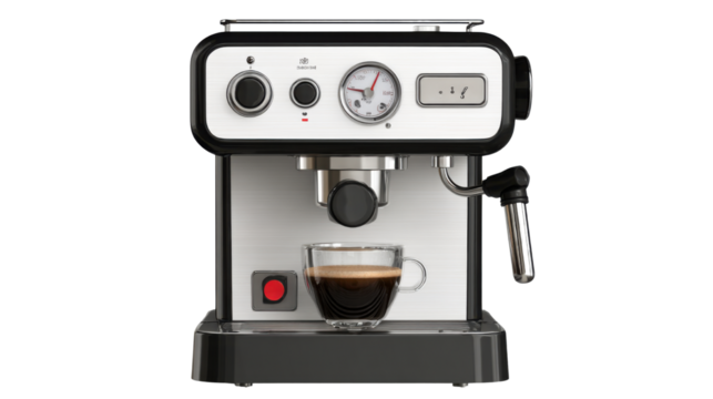 Modern Espresso Coffee Machine with Cup of Fresh Coffee Isolated on White Background