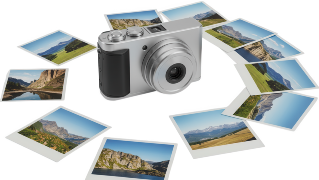 Digital camera displays landscape photographs arranged in a circular pattern.