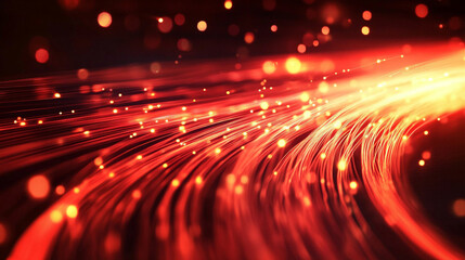 Red optical fibers glowing in the dark, symbolizing high-speed internet, data transfer, and modern network infrastructure, representing innovation, connectivity, and digital communication.

