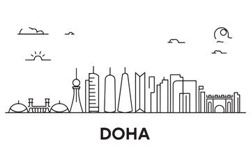 Obraz premium Doha Line Art skyline. Travel Doha, Qatar famous landmarks. Business and tourism concept for presentation, banner, web site with white background