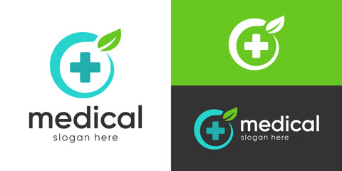 Creative simple medical logo template. Plus with circle leaf, Health care logo design vector illustration.