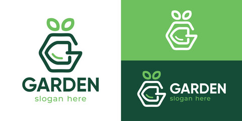Creative simple garden logo template. Abstract letter G with shovel tree logo design vector illustration.