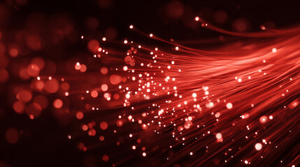 Red optical fibers glowing in the dark, symbolizing high-speed internet, data transfer, and modern network infrastructure, representing innovation, connectivity, and digital communication.
