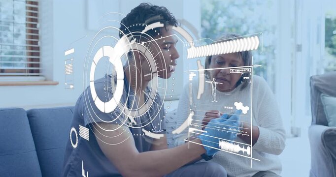Healthcare worker unpacking glucose monitoring kit and guiding patient through blood test steps