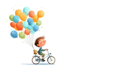 Boy Riding Bicycle with Balloons Illustration on white background