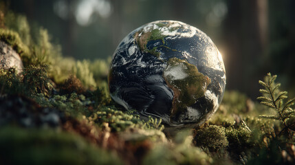 Planet earth resting on mossy ground in a lush environment