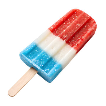 A vibrant red white and blue striped frozen ice pop is presented isolated on a transparent background for refreshing summer visuals.
