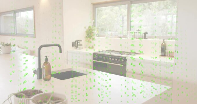 Green code overlay cascading from top, thinning and vanishing, revealing central countertop island