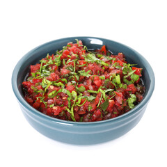 Tasty salsa sauce in bowl isolated on white