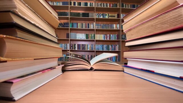 Books on desk in library, wind turning pages, bookshelves on background